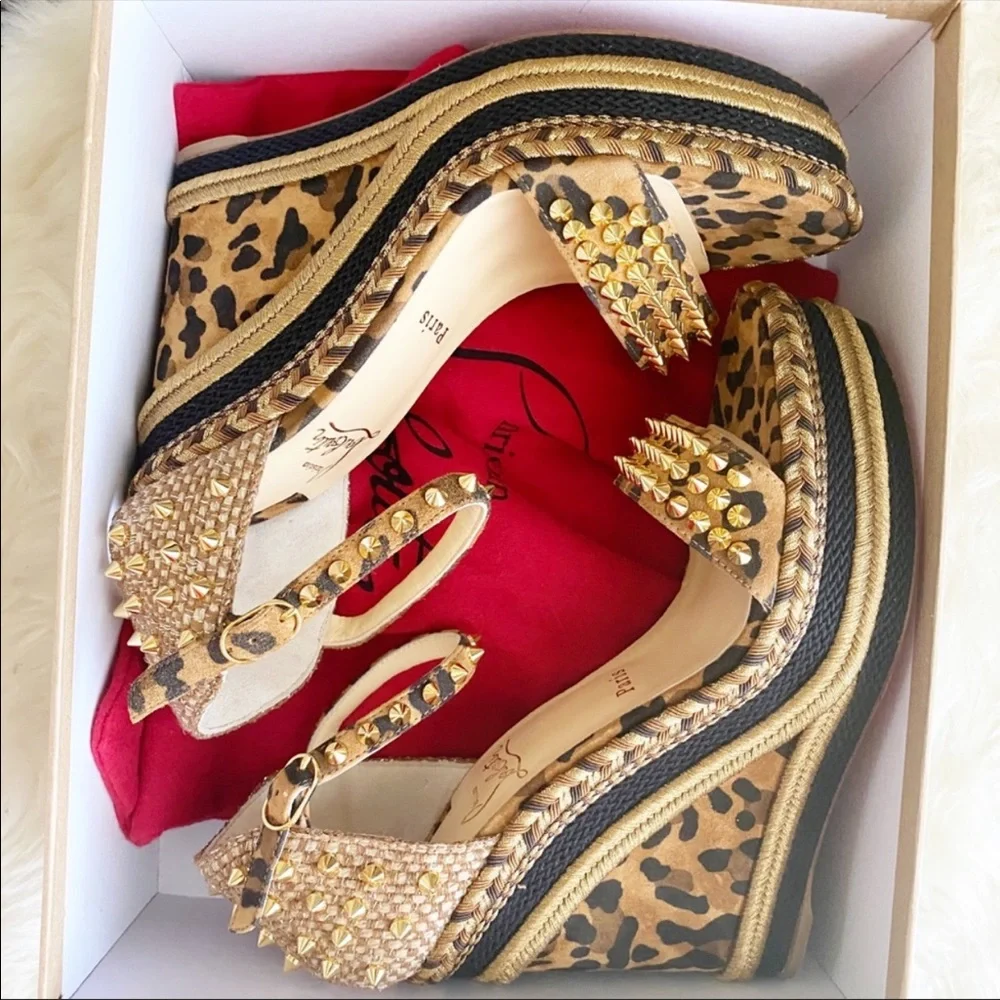 Christian Louboutin Leopard Print Studded Wedge Sandals in Tan and Gold